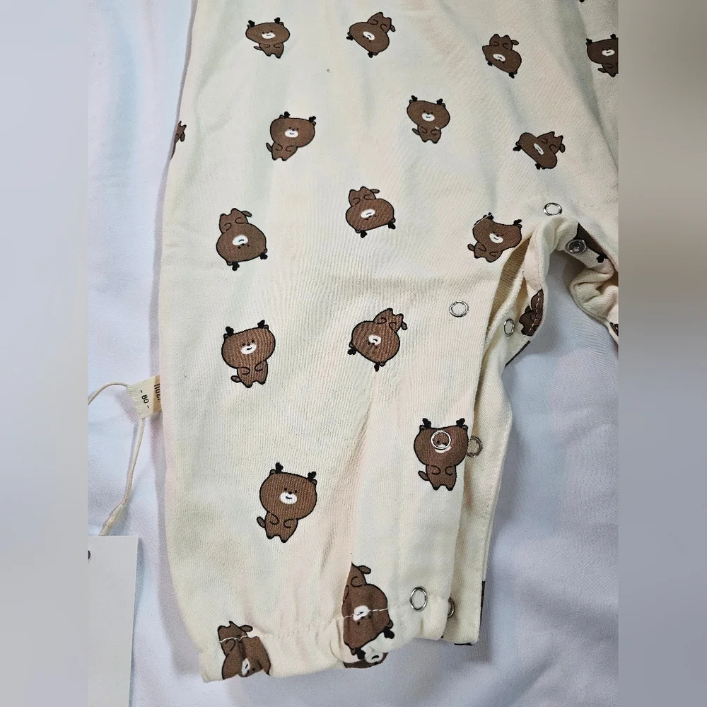 Adorable Soft Cream and Brown Bear Print Kids One Piece- Size 80
